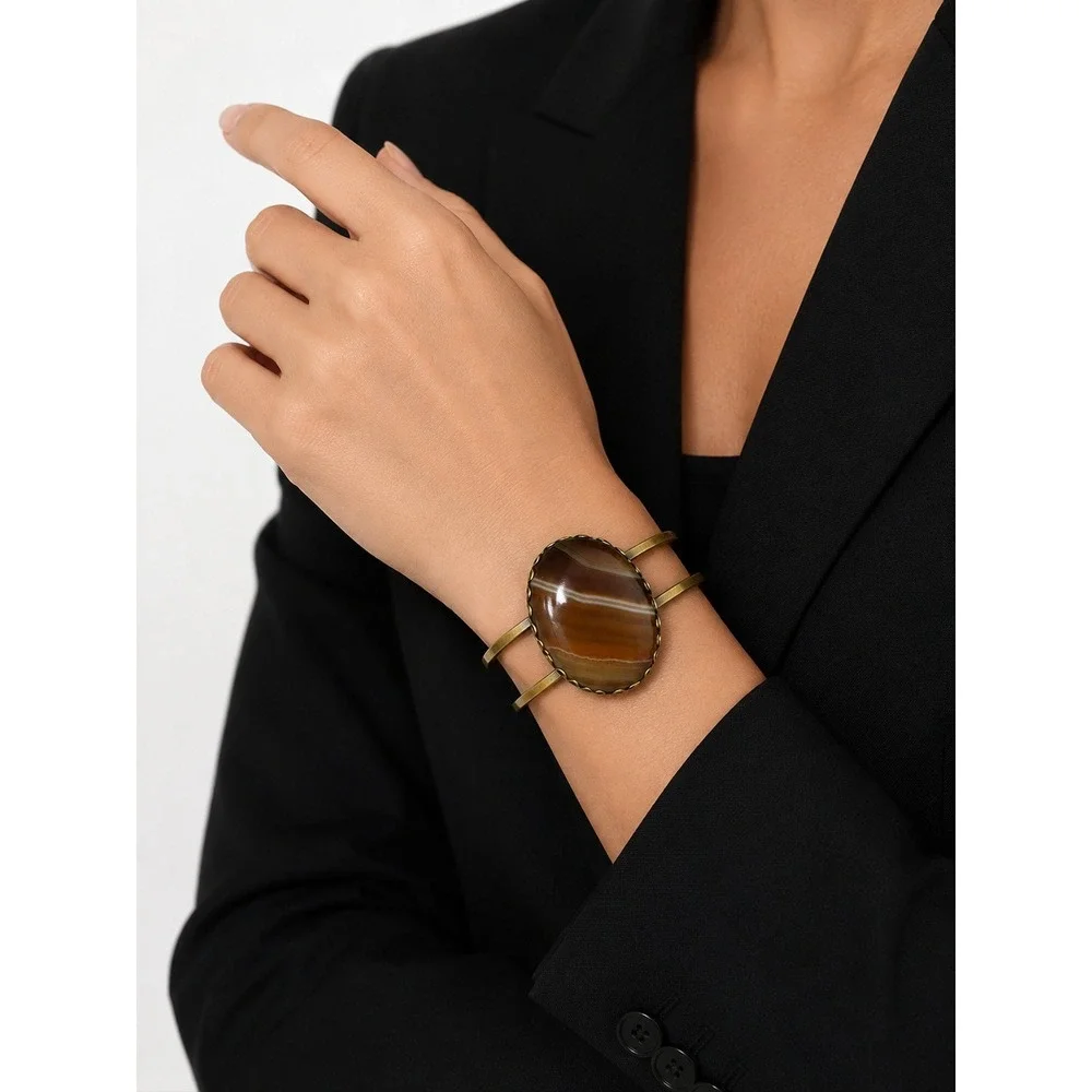 Vintage Botswana Agate Cuff Bracelet Banded Brown Stone Brushed Gold Tone Hinged